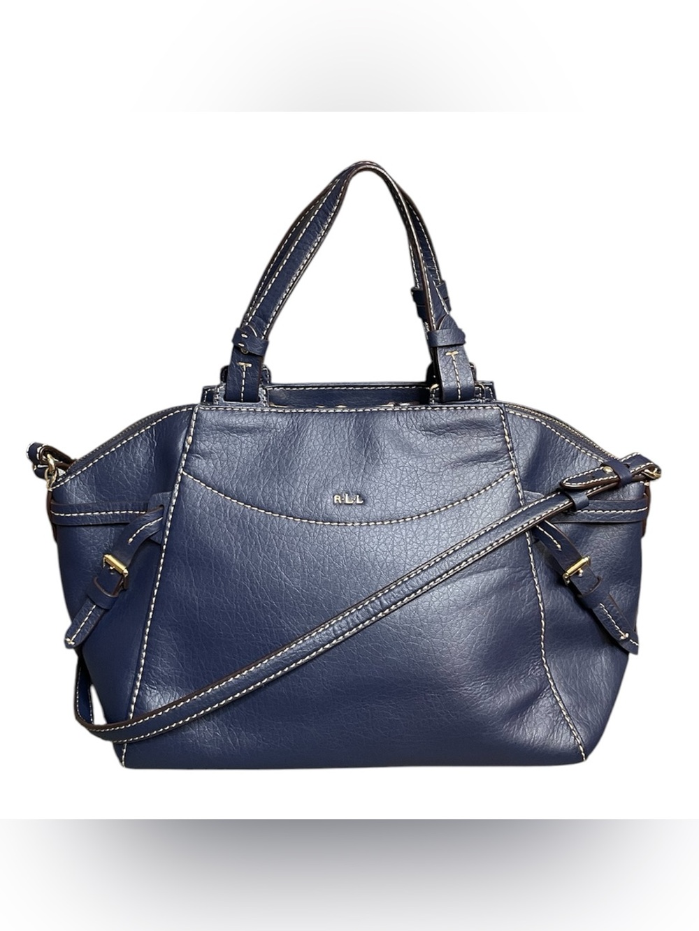 Ralph Lauren Navy Leather Shoulder Bag w/ Dual Top Handles & Contrast Stitching